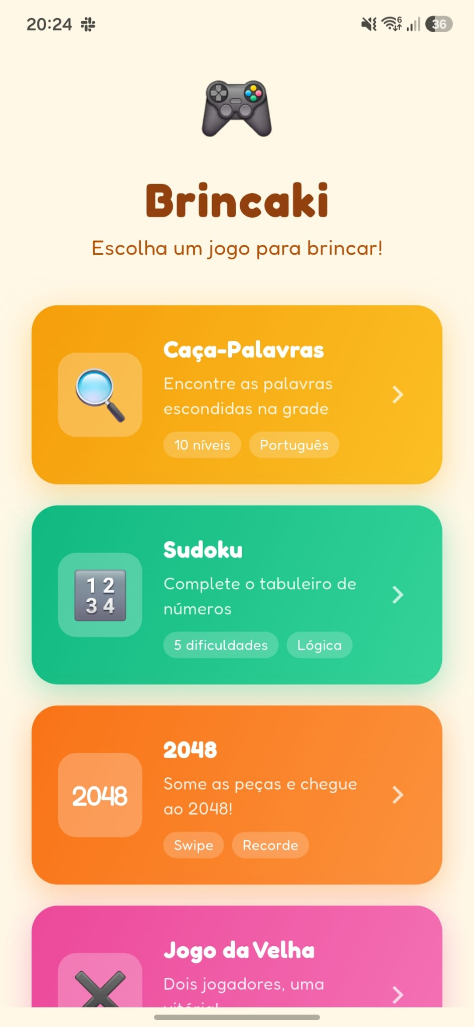 Menu do Brincaki com os cards dos jogos